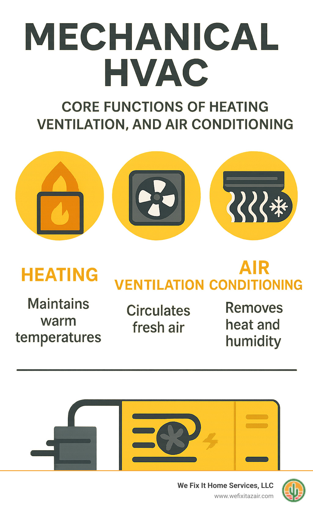 Infographic showing the three core functions of mechanical HVAC systems: Heating (furnaces and heat pumps maintaining warm temperatures), Ventilation (fans and ductwork circulating fresh air and removing stale air), and Air Conditioning (cooling coils and refrigeration cycles removing heat and humidity from indoor spaces) - mechanical hvac infographic Infographic showing the three core functions of mechanical HVAC systems: Heating (furnaces and heat pumps maintaining warm temperatures), Ventilation (fans and ductwork circulating fresh air and removing stale air), and Air Conditioning (cooling coils and refrigeration cycles removing heat and humidity from indoor spaces) - mechanical hvac infographic